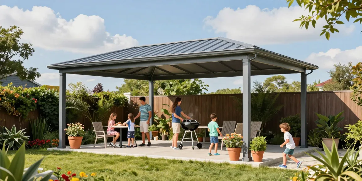 Moderne freistehende Terrassenüberdachung in lebendigem Garten mit Familie, ideal für sonnige Tage.