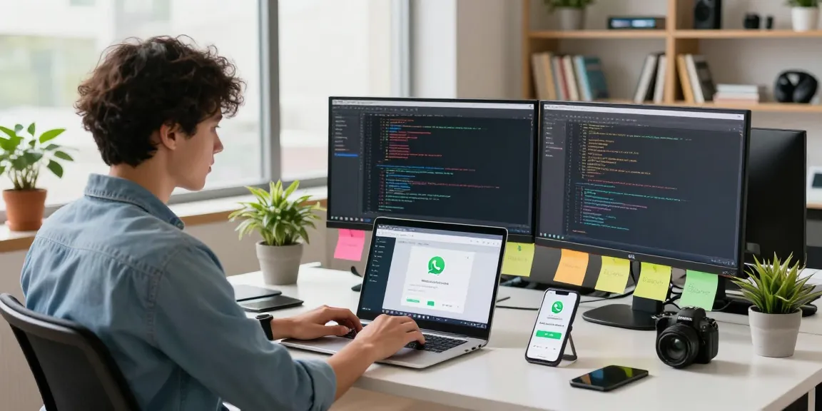 User engaging with WhatsApp網頁版 on laptop in a modern workspace