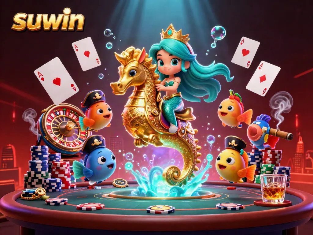Suwin brings a vibrant live casino experience featuring a mermaid princess, seahorse, and poker elements.