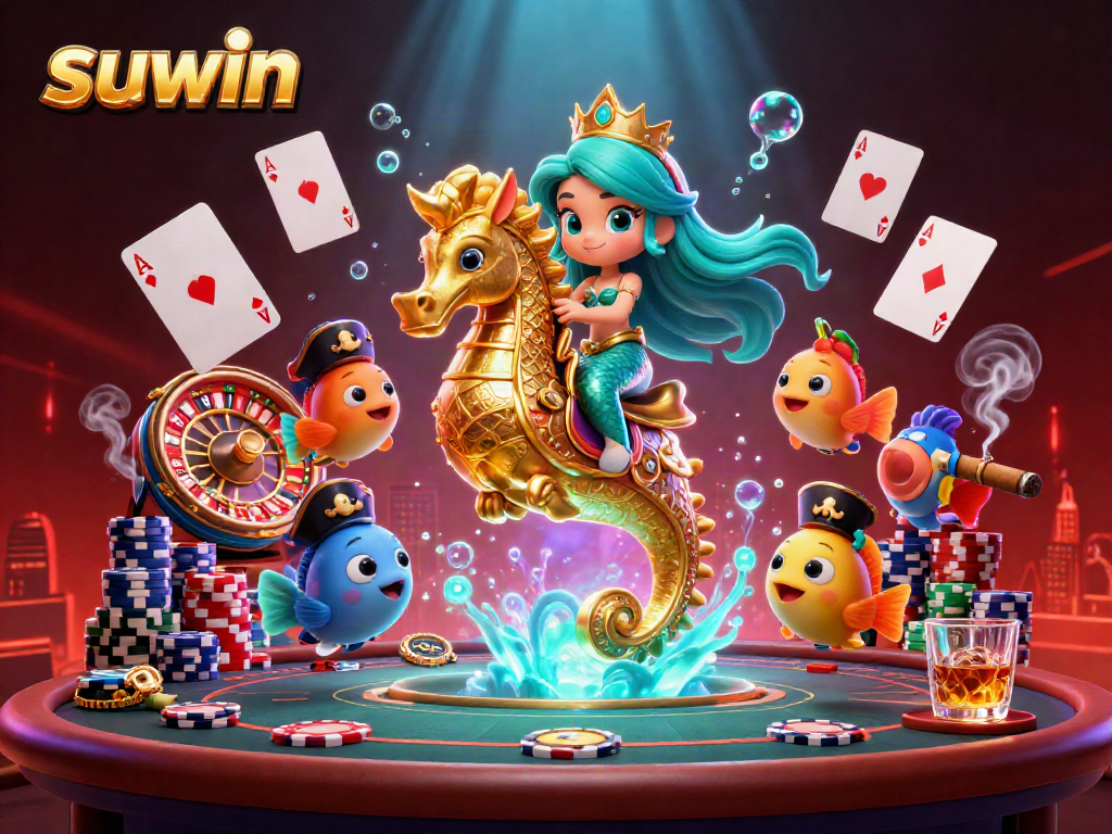 Suwin brings a vibrant live casino experience featuring a mermaid princess, seahorse, and poker elements.