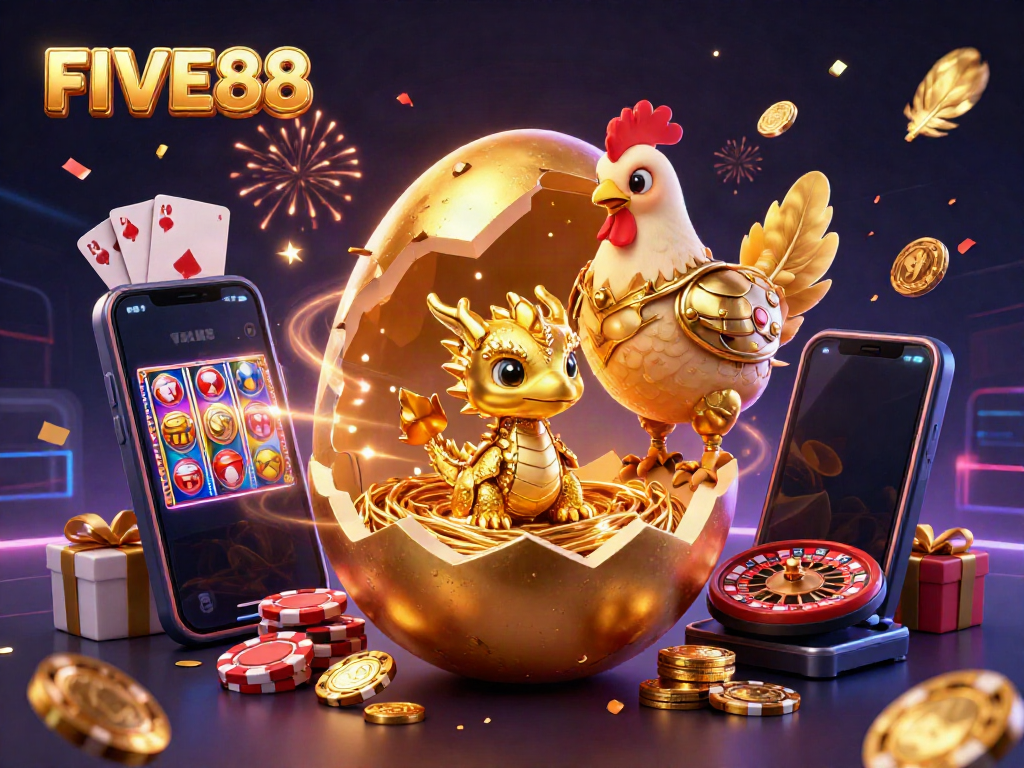 Experience the excitement at FIVE88 with a baby dragon and poker chips amidst festive casino elements.