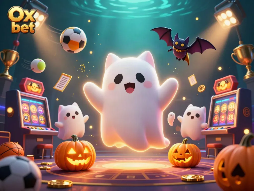 Engage with exciting games at Ox bet, featuring a ghost cat and glowing jack-o-lantern elements.