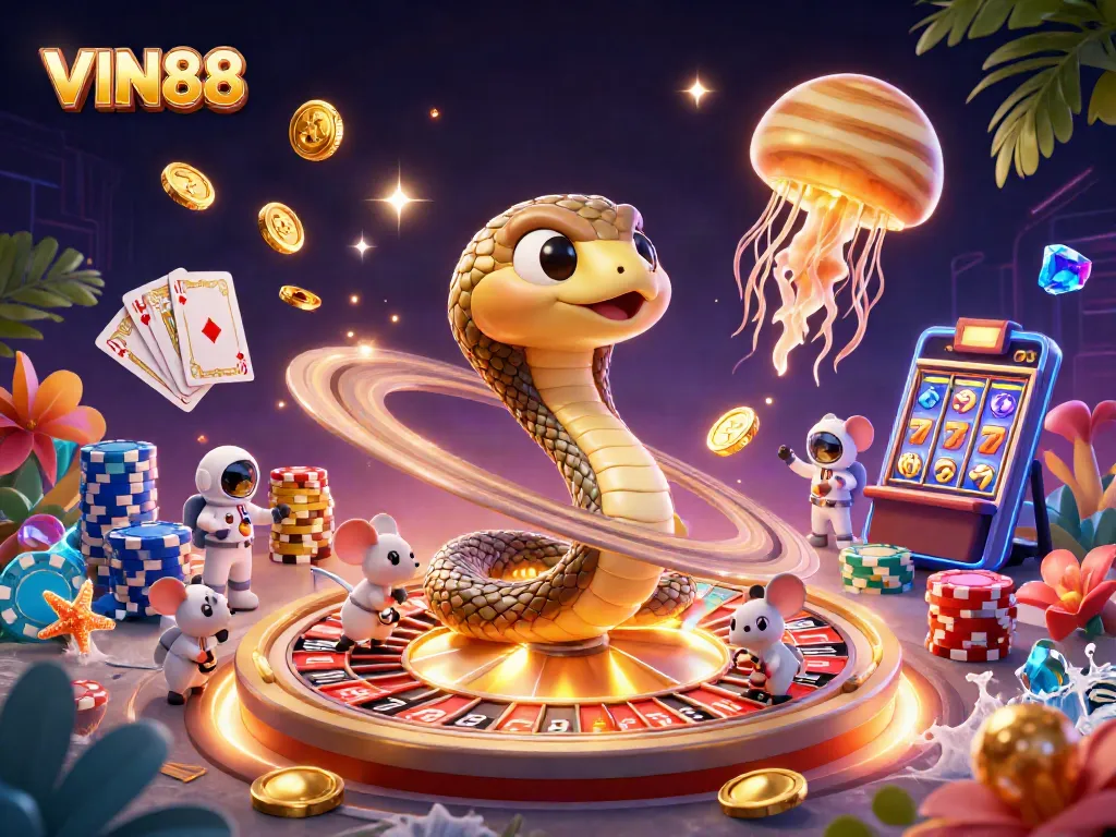 Engage in thrilling betting action with VIN88's cosmic casino experience featuring roulette and vibrant game elements.