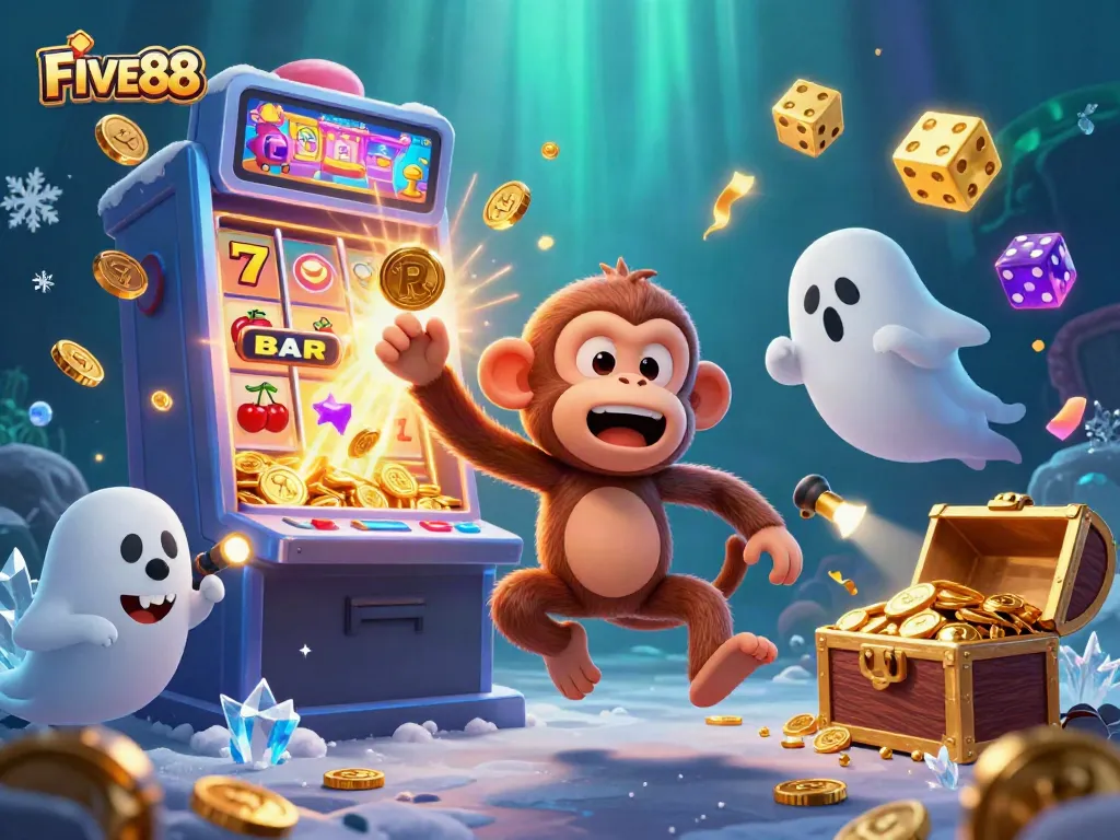 Experience the thrill of FIVE88 with a lively poltergeist monkey and a curious puppy in a dynamic casino backdrop.