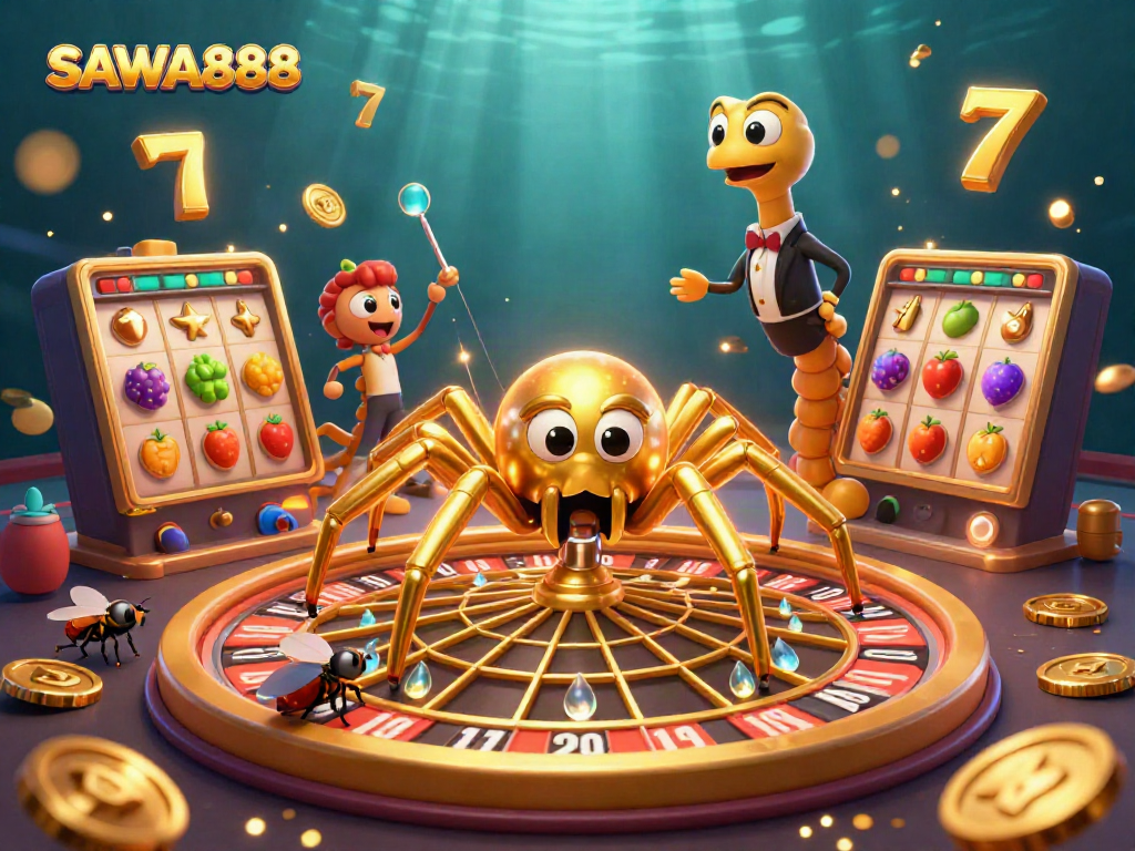 Experience SAWA888's engaging casino atmosphere with unique characters amidst dynamic slot elements.