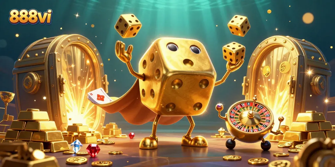 Win big with 888vi in this enchanting golden dice and treasure-filled casino adventure.