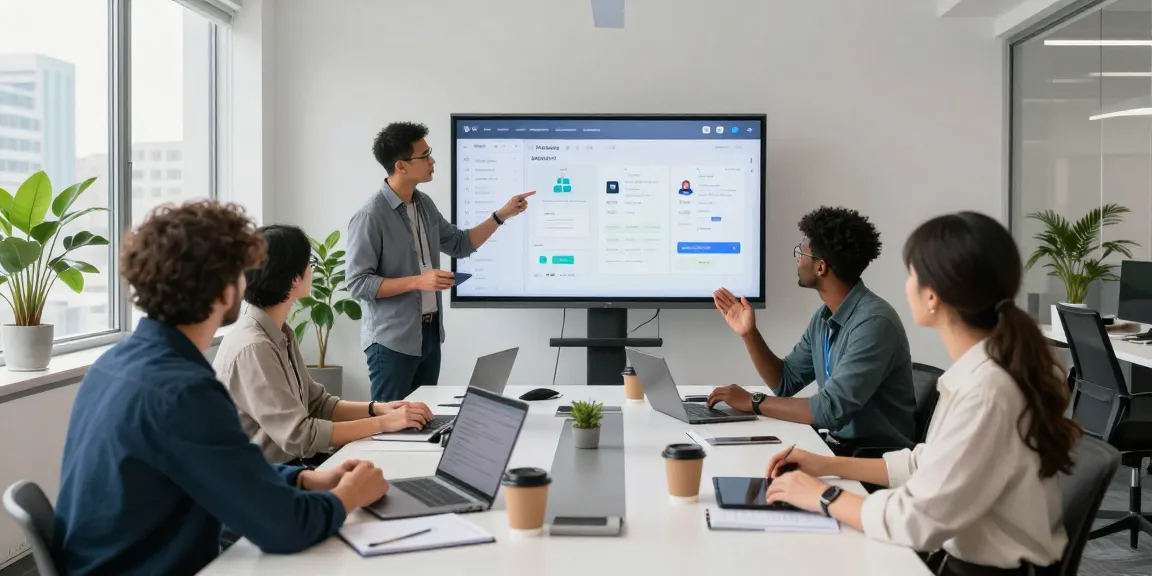Collaborative workspace where professionals build internal tools with AI, featuring diverse team engaging in discussion and technology.