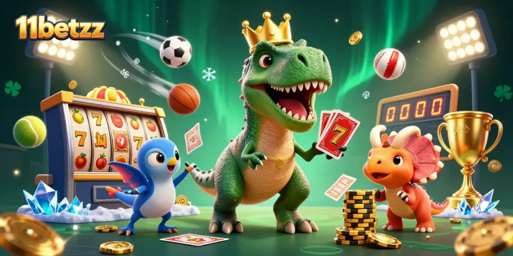 Immerse in dynamic betting action with 11betzz, featuring playful dinosaurs and vibrant casino elements.