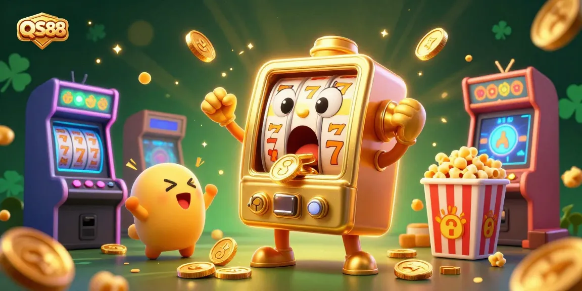 Experience the excitement of QS88 with vibrant slot machines and golden rewards in this 3D casino illustration.