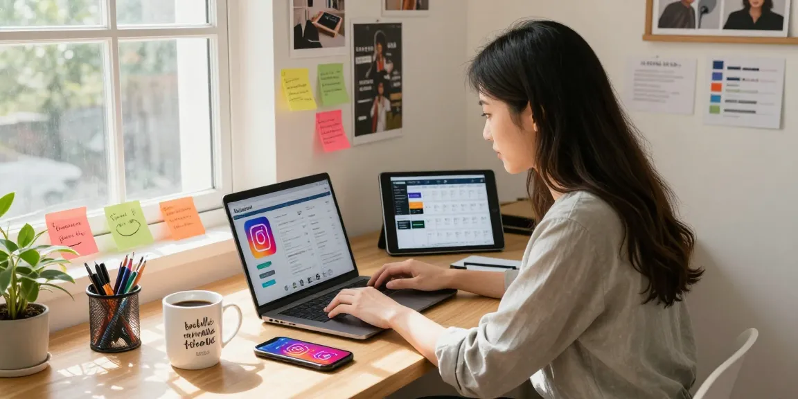 Instagram Views kaufen: Kreatives Arbeitsumfeld mit Analystin, die Instagram-Daten überprüft.