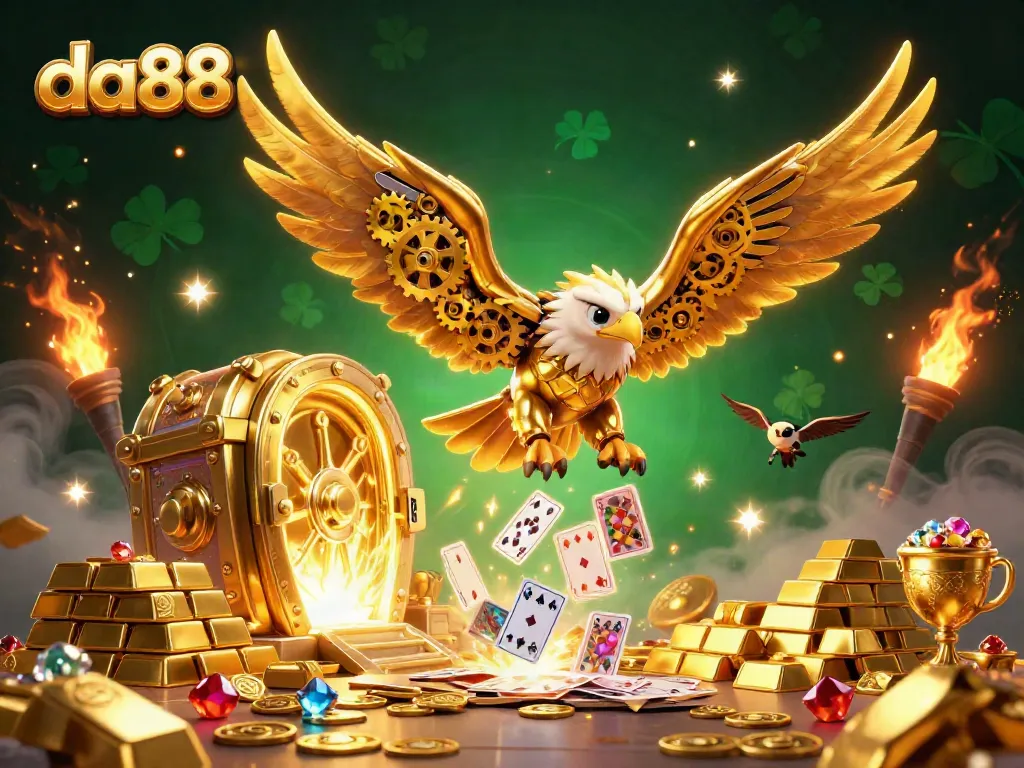 Experience thrilling online play with da88's 3D illustration showcasing a cybernetic eagle and treasure elements.