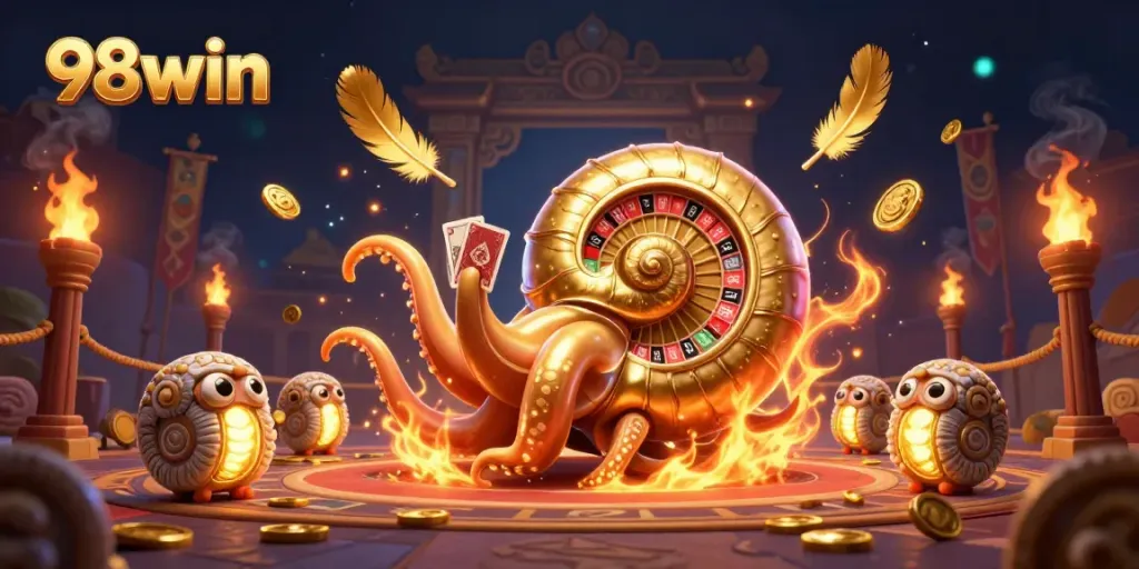 Experience thrilling gameplay at 98win with an ancient giant nautilus as the roulette wheel surrounded by glowing treasures.