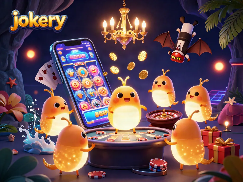 Experience the fun at jokery's vibrant cave casino with game elements and glowing characters!