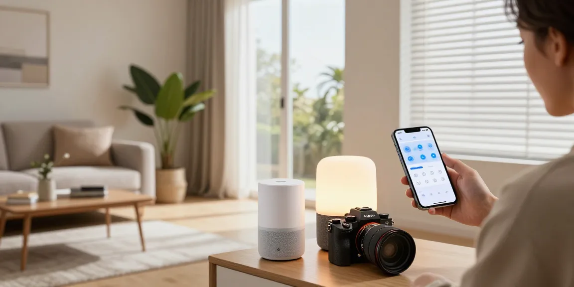 IKEA smart home setup in a modern living room with smart lighting and speaker.