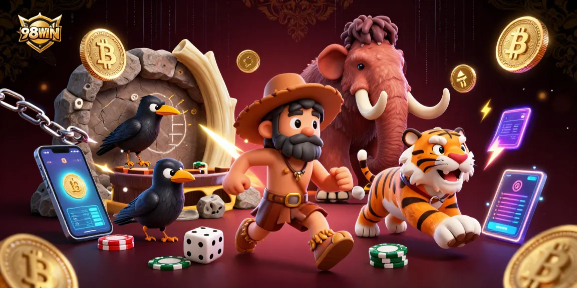 Experience the thrill of 98WIN as a caveman and sabertooth tiger run their casino with vibrant crypto elements.