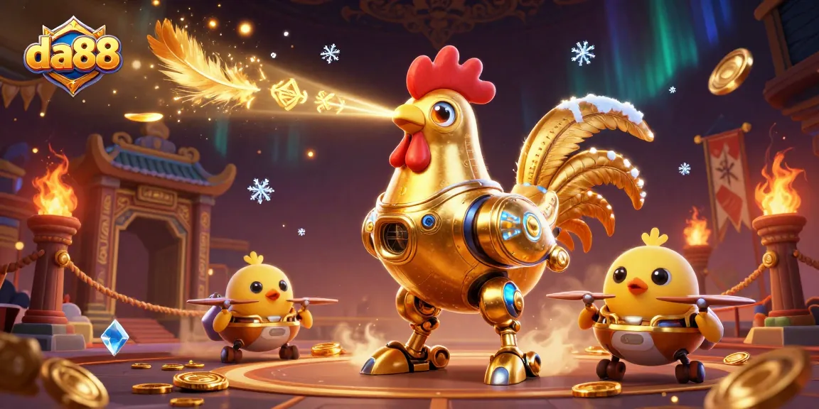 Engage with da88's thrilling 3D casino world featuring a golden rooster robot and vibrant game elements.