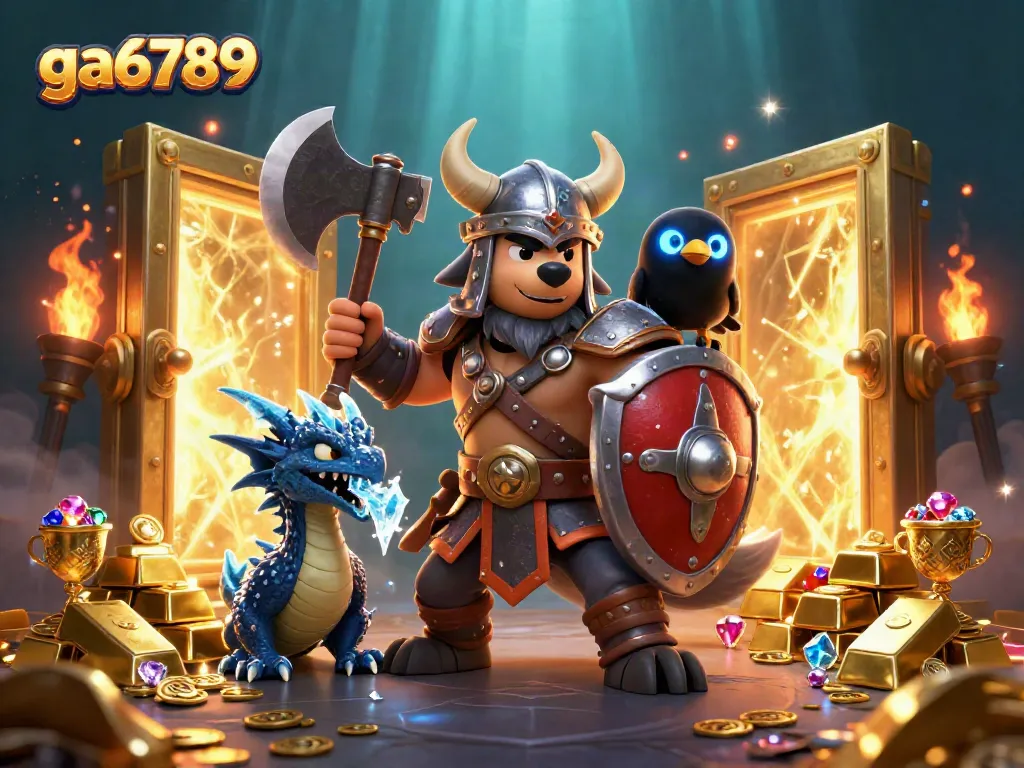 Engage in thrilling action at ga6789, featuring Viking warrior and dragon, surrounded by treasures and casino effects.