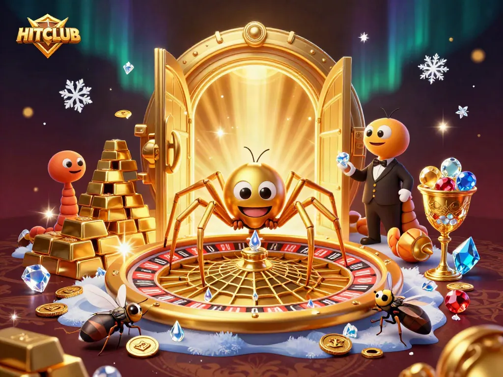 HITCLUB showcases thrilling betting on a roulette wheel spun by a golden spider.