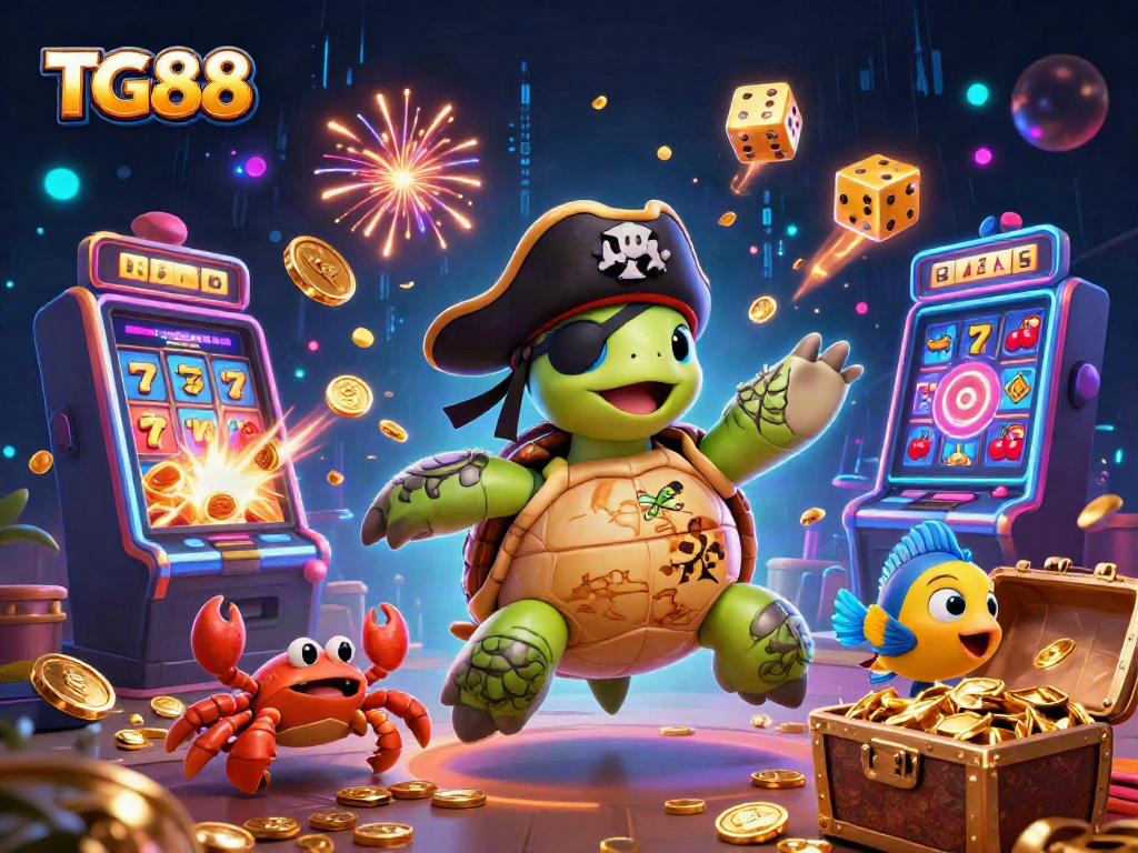 Experience thrilling jackpots with TG88's vibrant 3D gaming scene featuring a pirate turtle and casino elements.