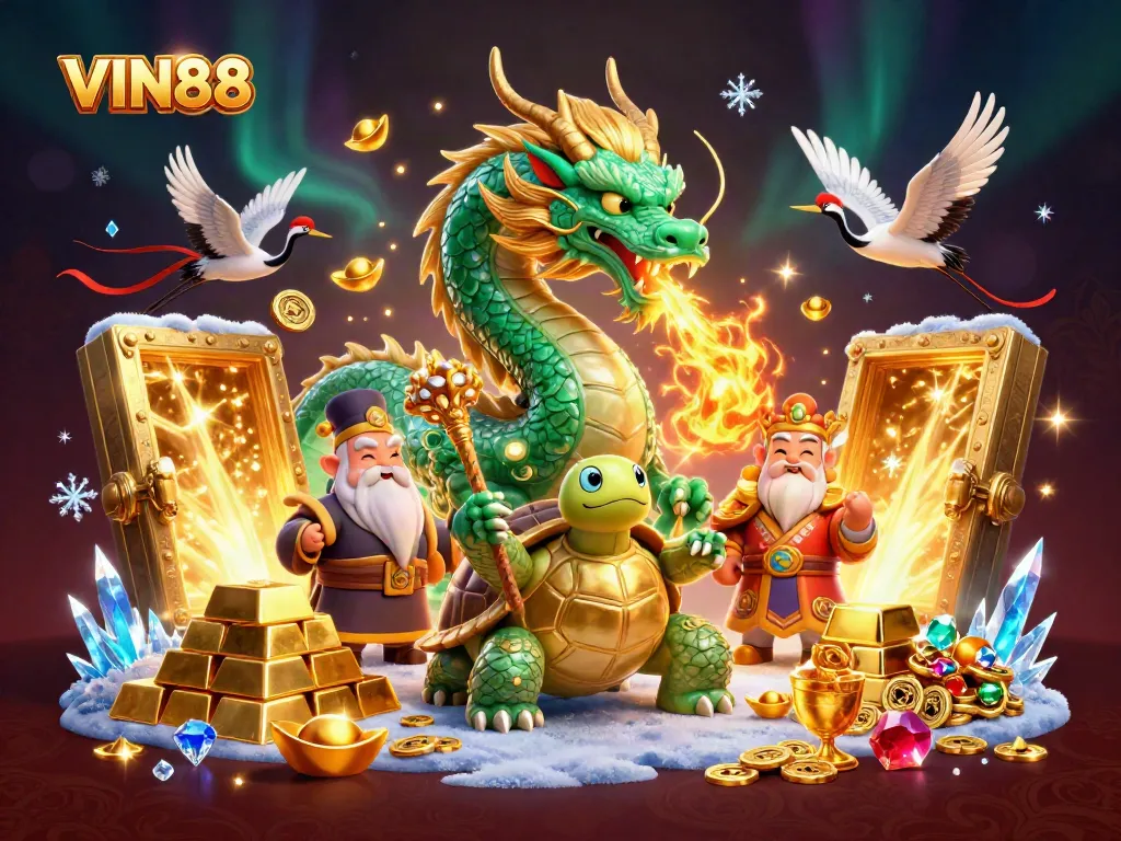 Experience the excitement of VIN88 with a majestic dragon, turtle sage, and lucky cranes in this casino scene.