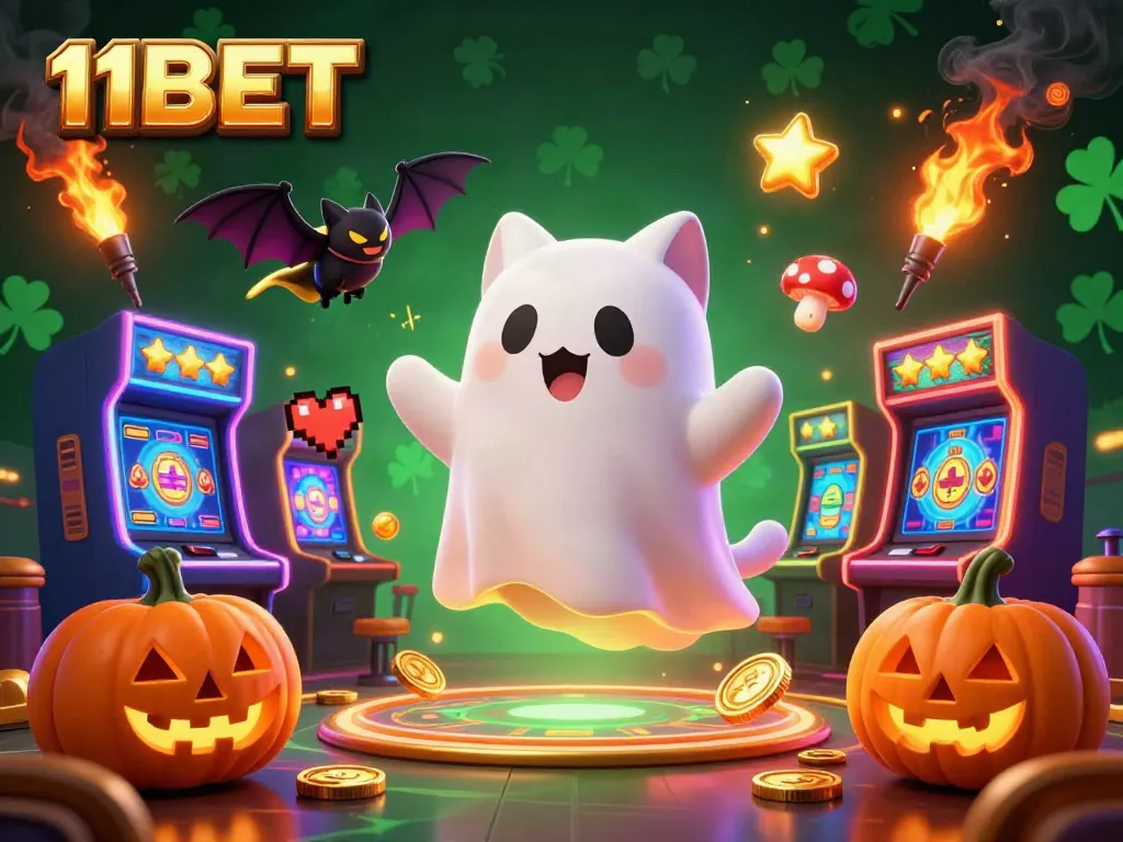 Engage in thrilling casino gaming with vibrant 11BET characters floating through a dynamic scene filled with slot machines and poker elements.