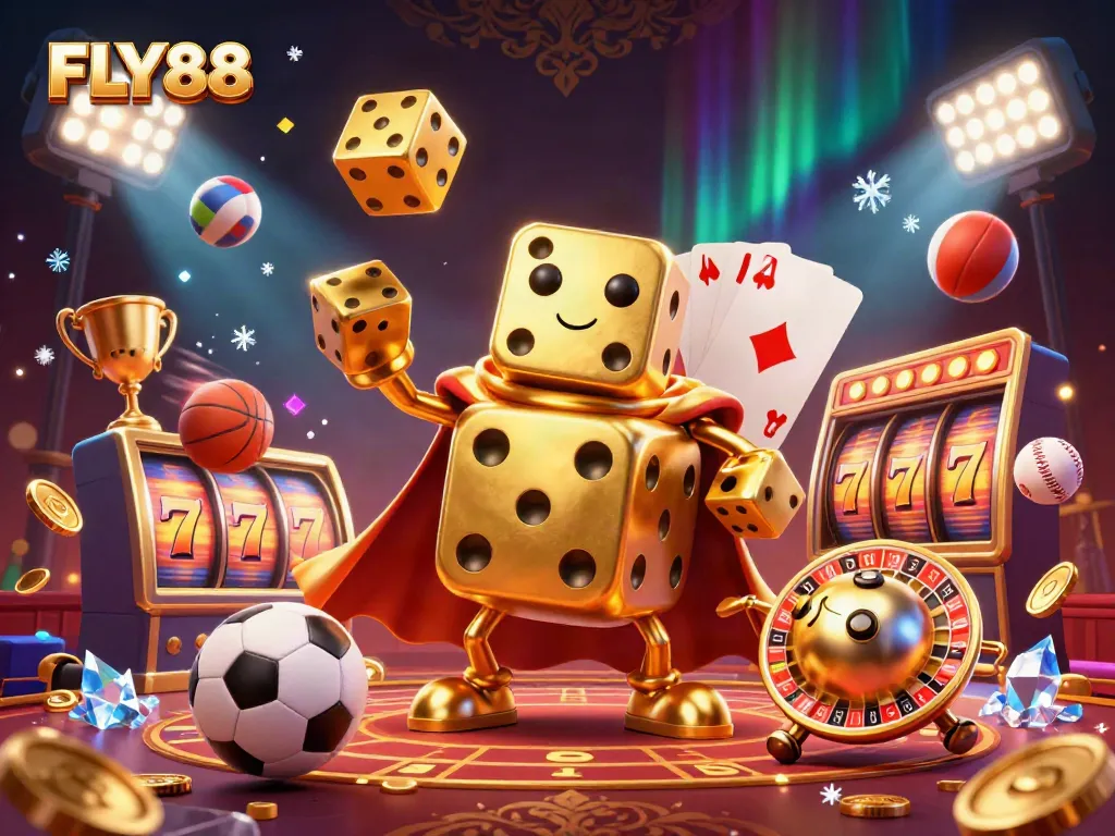 FLY88 engages in a vibrant casino scene, showcasing gambling excitement with dynamic golden dice and slot reels.