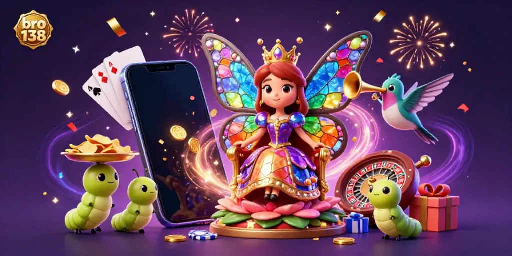 Engage with the vibrant universe of bro 138 where a butterfly queen presides over a gold-laden slot game celebration.