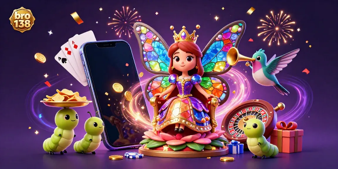 Engage with the vibrant universe of bro 138 where a butterfly queen presides over a gold-laden slot game celebration.