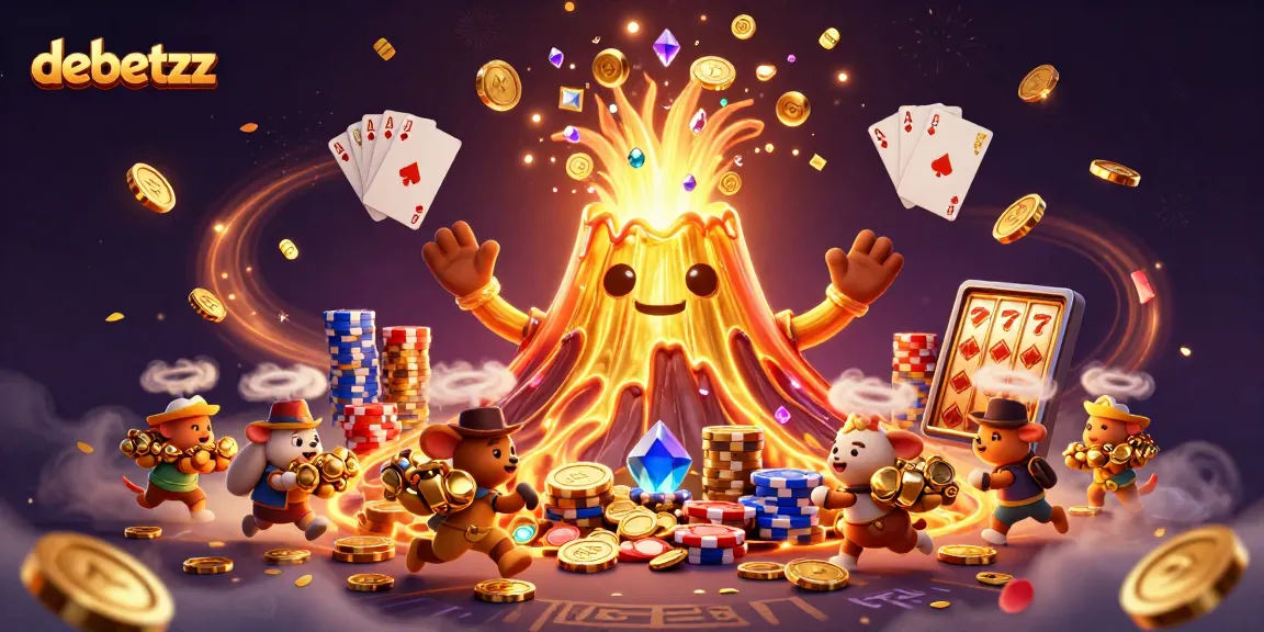 Experience thrilling wins at debetzz with a vibrant 3D volcano showering treasures and casino elements.