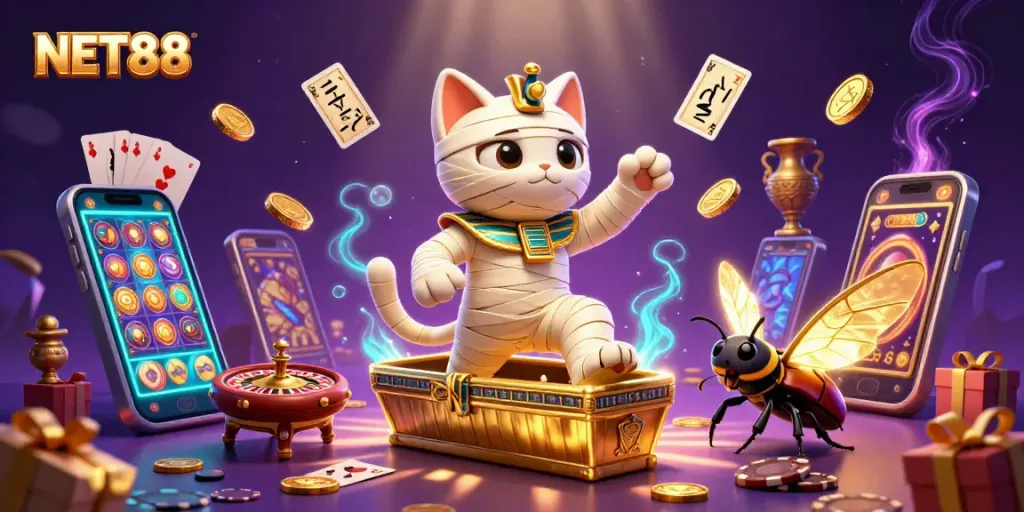Experience winning strategies at NET88 in an immersive 3D casino adventure illustration.