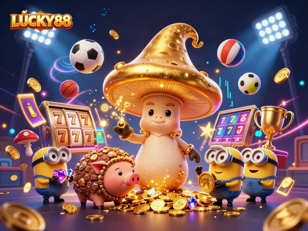 LUCKY88 captivates with an exhilarating 3D scene highlighting slot reels and dynamic treasure elements.
