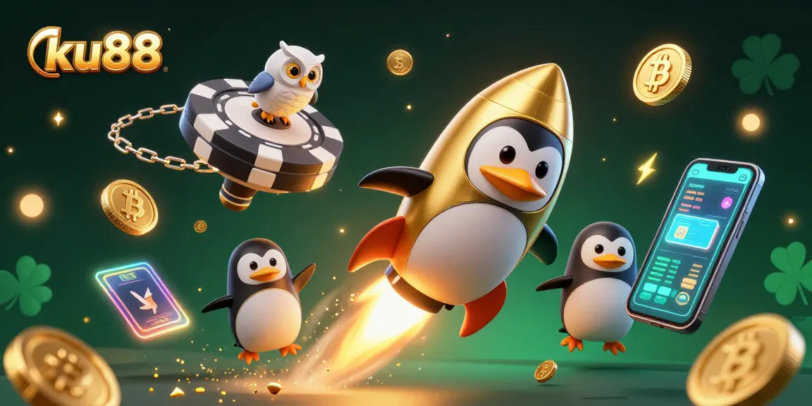 ku88 casino illustration featuring a golden penguin flying towards a spaceship with cryptocurrency elements.