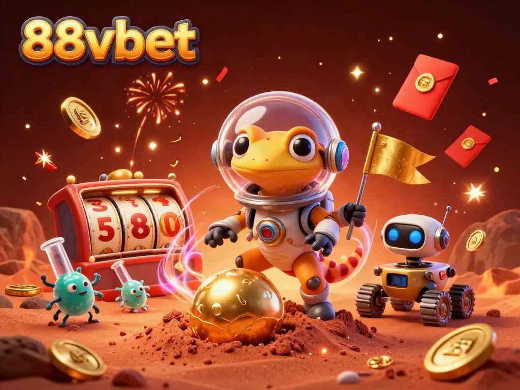 Experience thrilling wins at 88vbet with a vibrant 3D casino scene amidst Martian adventures.