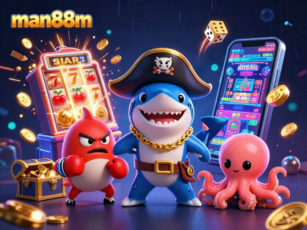Experience exciting wins with man88m's vibrant casino scene featuring animated characters and games.