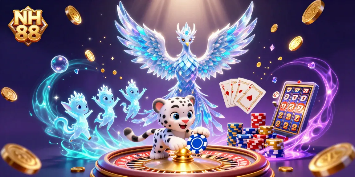 Experience gaming excitement with NH 88, featuring a mystical ice phoenix and dazzling casino elements.