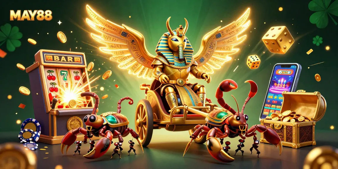MAY88 offers an engaging scene of casino excitement featuring vibrant slot machines and dynamic characters.