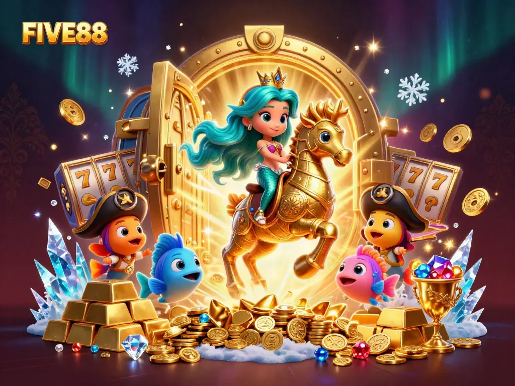 Catching excitement at FIVE88 with a magical scene of a mermaid princess, seahorse, and treasure, perfect for casino gaming.