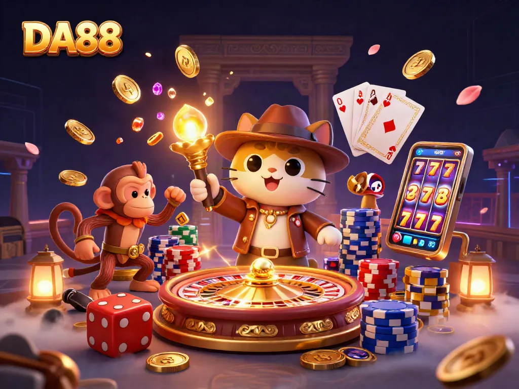 Experience the thrill of DA88 with adventurous characters unveiling casino treasures in a vibrant digital scene.