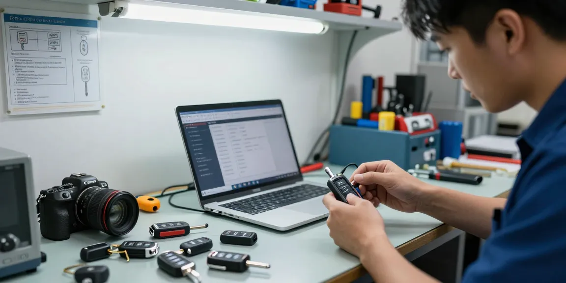 Autoschlüssel Überprüfung: Techniker überprüft Autoschlüssel in einer Werkstatt, umgeben von verschiedenen Autoteilen und Werkzeugen.