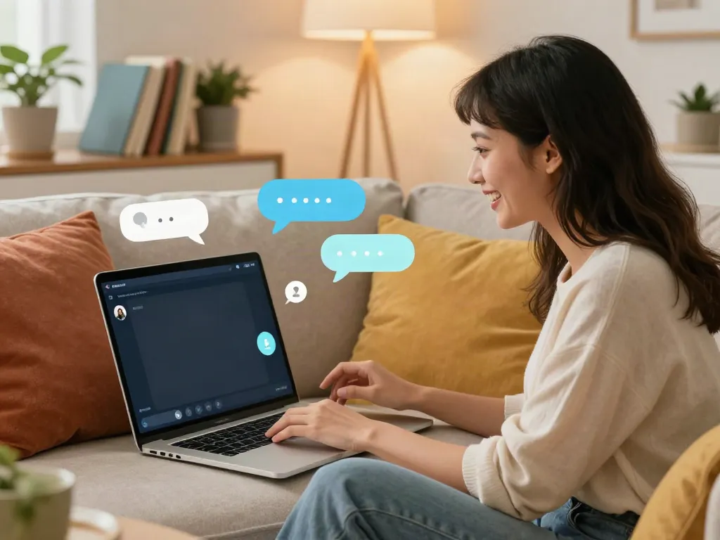 Interactive ai chat porn scene with a female character engaging in a friendly conversation on a laptop, cozy atmosphere.