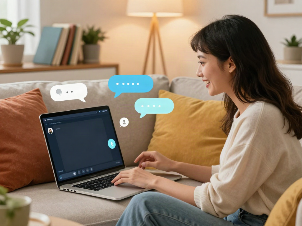 Interactive ai chat porn scene with a female character engaging in a friendly conversation on a laptop, cozy atmosphere.