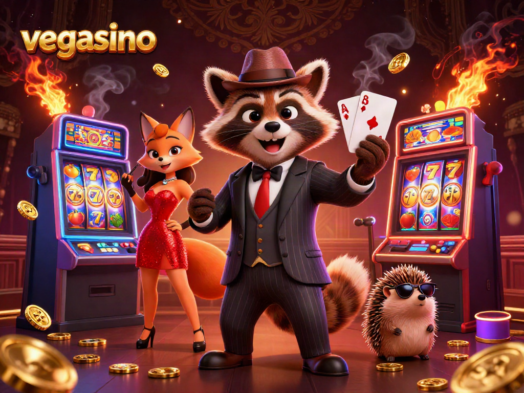 Experience the excitement at Vegasino Casino with the raccoon hero showcasing a royal flush.