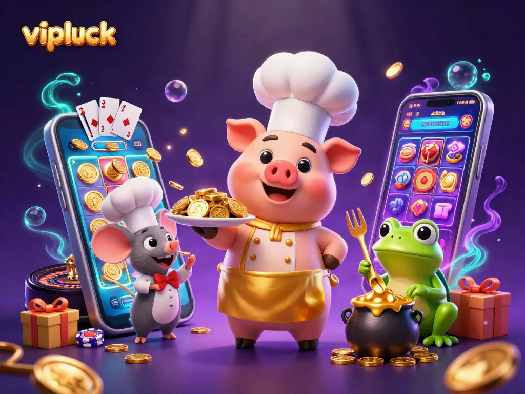 Experience gaming with vipluck as a chef pig serves gold coins and a mouse tastes molten gold.