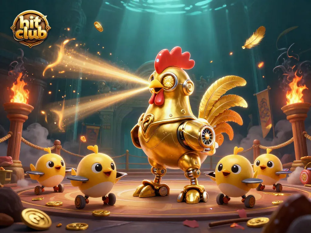 Hit club shows a golden rooster robot and chick drones in a dynamic gambling arena.