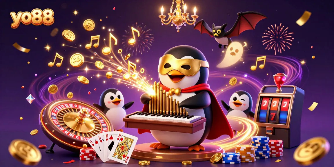 Experience the thrill of yo88 with a vibrant 3D casino scene featuring cascading coins and lively characters.