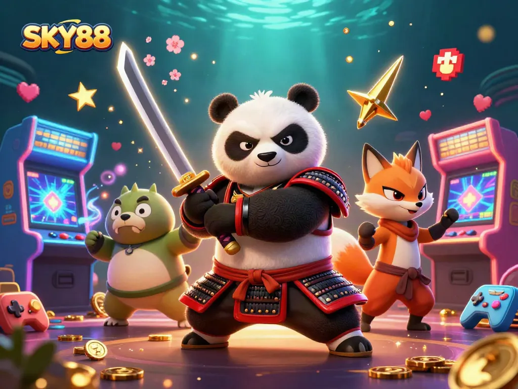 Engage in thrilling gameplay with SKY88's vibrant 3D casino art showcasing samurai panda and ninja fox.
