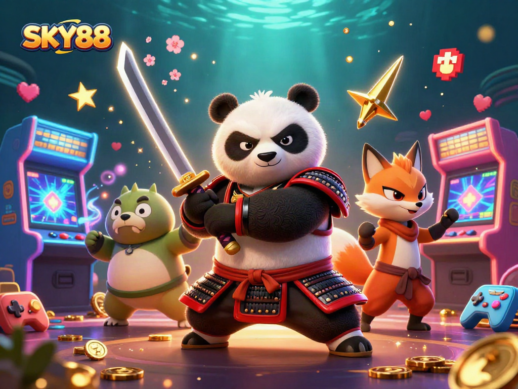 Engage in thrilling gameplay with SKY88's vibrant 3D casino art showcasing samurai panda and ninja fox.
