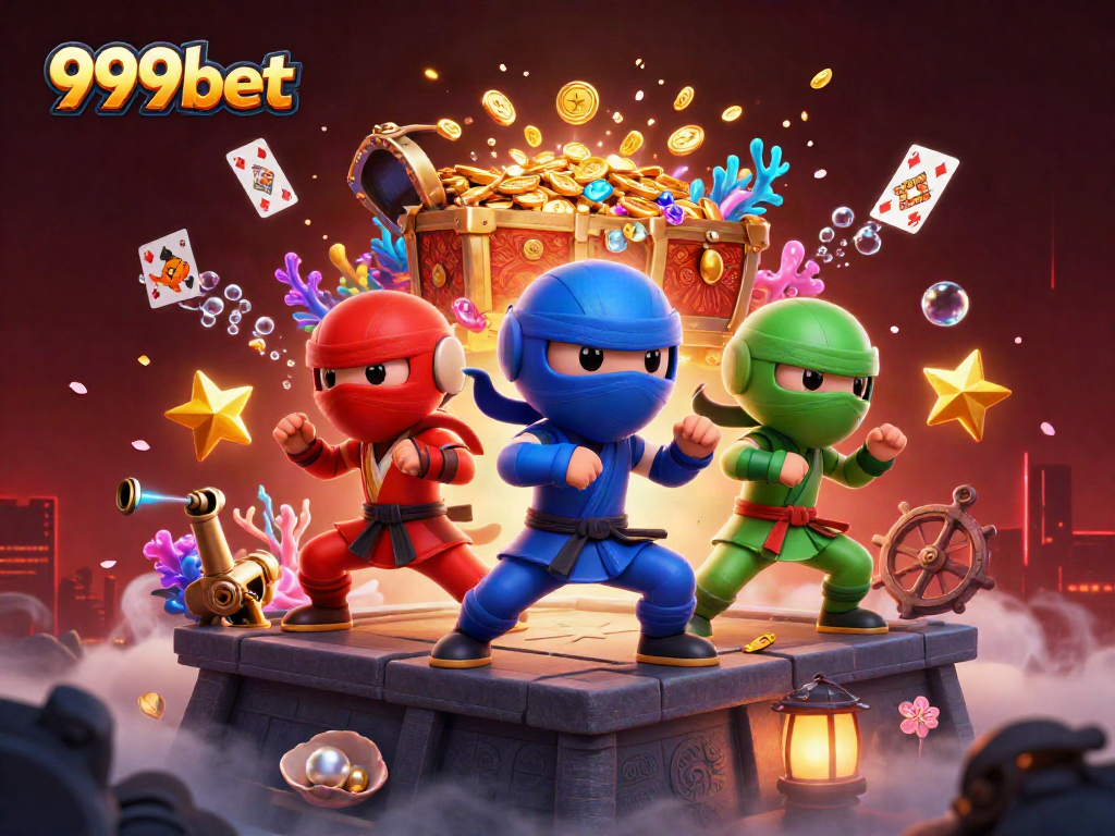 Experience thrilling action with 999bet as colorful chameleon ninjas perform martial arts amidst an exploding treasure scene.