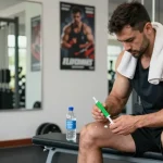 Anabolika Shop: Bodybuilder preparing for steroid injection in a bright gym.