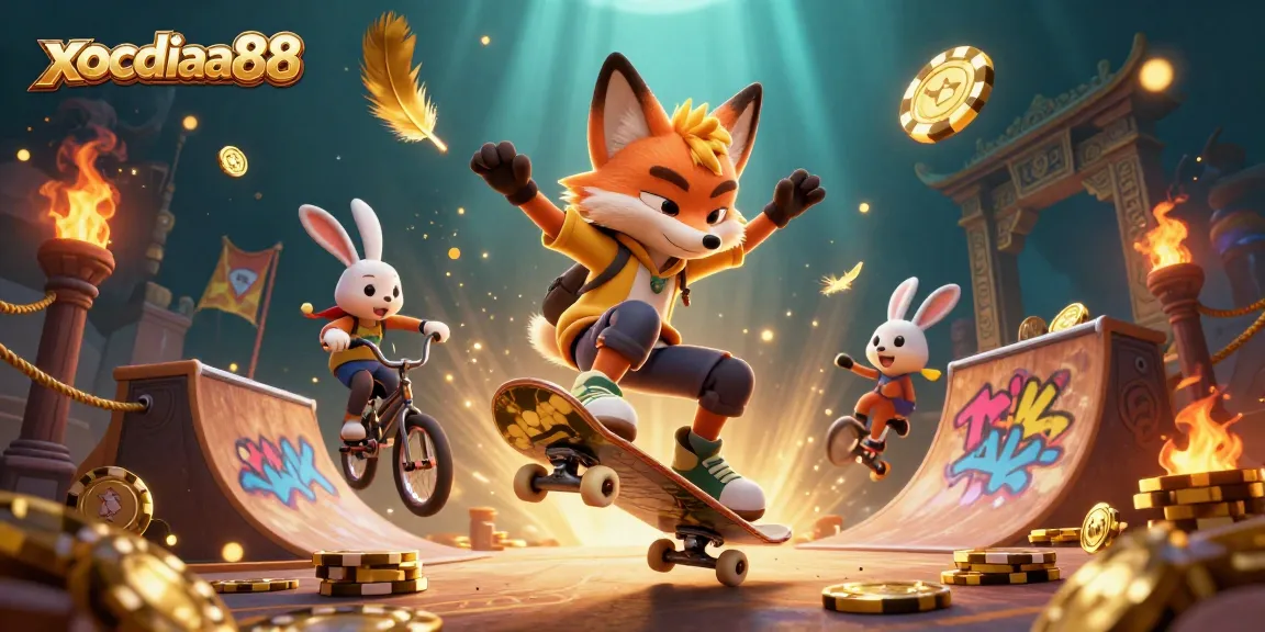 Engage with xocdiaa88 through a thrilling scene of cartoon characters performing stunts in a vibrant casino atmosphere.
